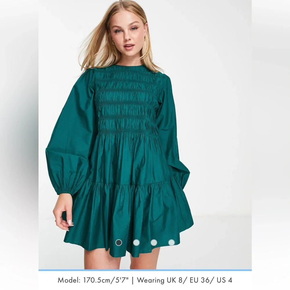 ASOS DESIGN cotton shirred mini smock dress in green - Picture 2 of 6